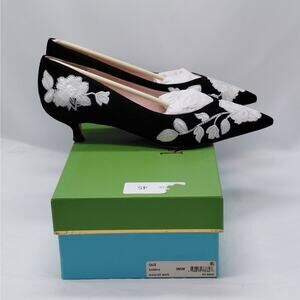 Kate Spade Womens Pumps 9.5 Black Suede Floral Embroidered Kitten Heel Old Money